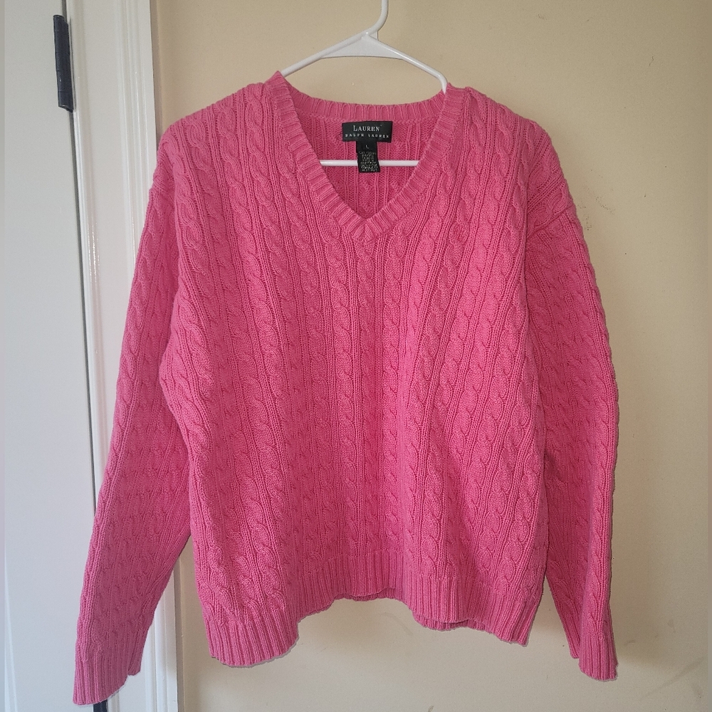 Lauren Ralph Lauren Pink Logo Cable Knit Cotton Long Sleeve Sweater